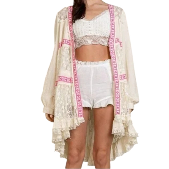 POL Romantic Cream/Pink Lace Bohemian Coquette Girl Cardigan Ruffle Hem Sz M - Picture 4 of 11